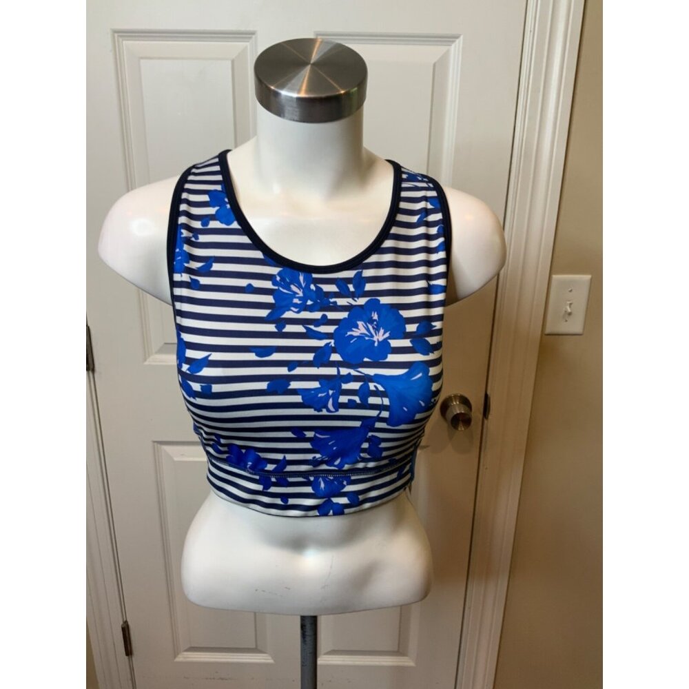 Kate Spade Blue White Floral Striped Sports Bra, Size Small
